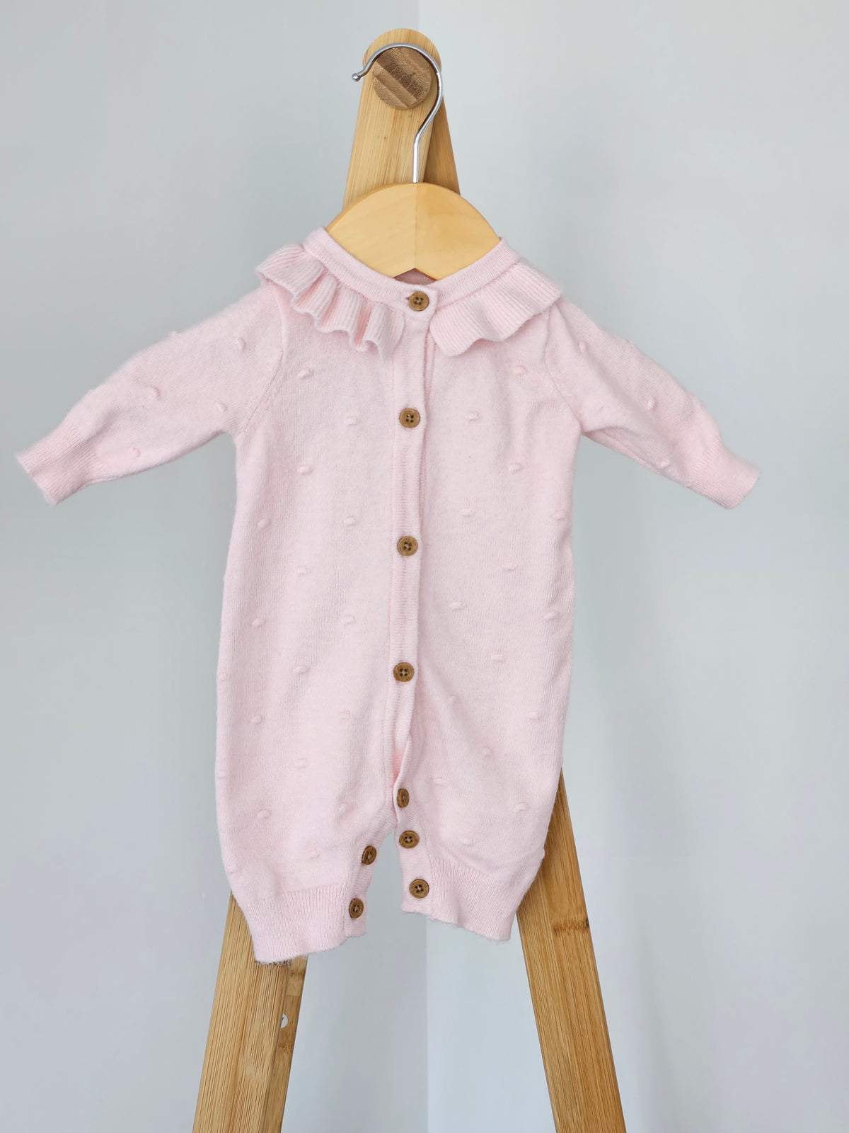 Pink Knitted Wool Onesie with Frill Collar