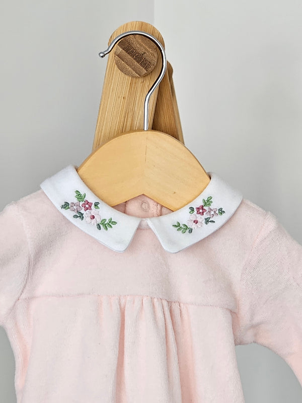 Pink Velour Sleepsuit with Embroidered Floral Collar