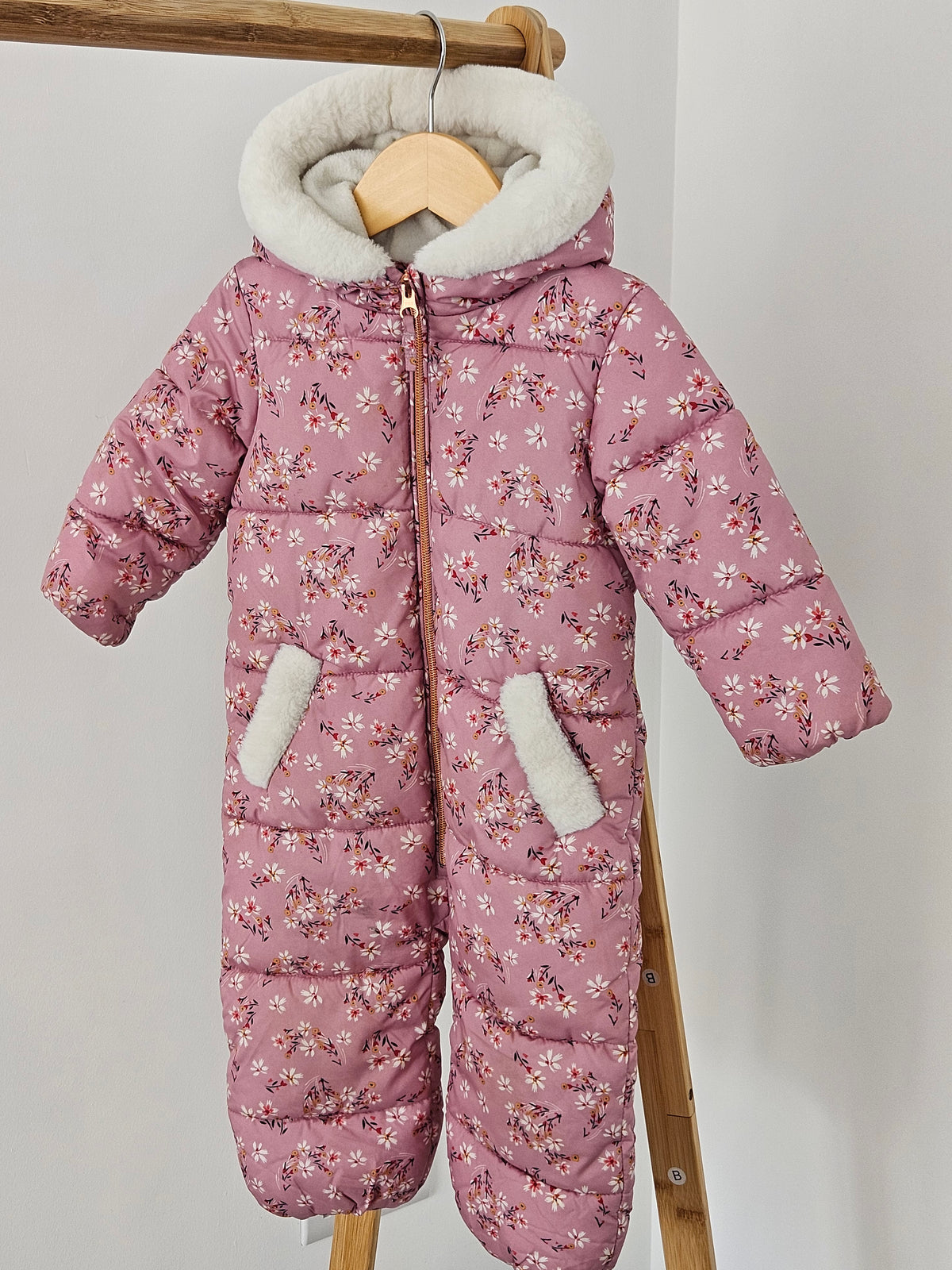 Girls Pink Floral Printed Snowsuit