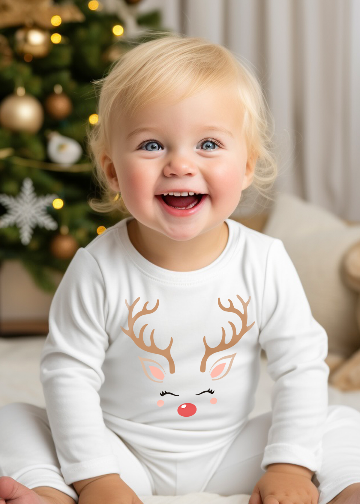 Christmas Reindeer Printed Baby Sleepsuit or Baby Vest