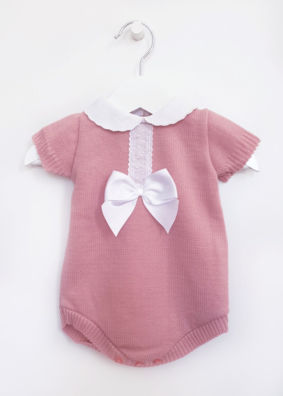 Dusky Pink Baby Girl Knitted Bow Romper