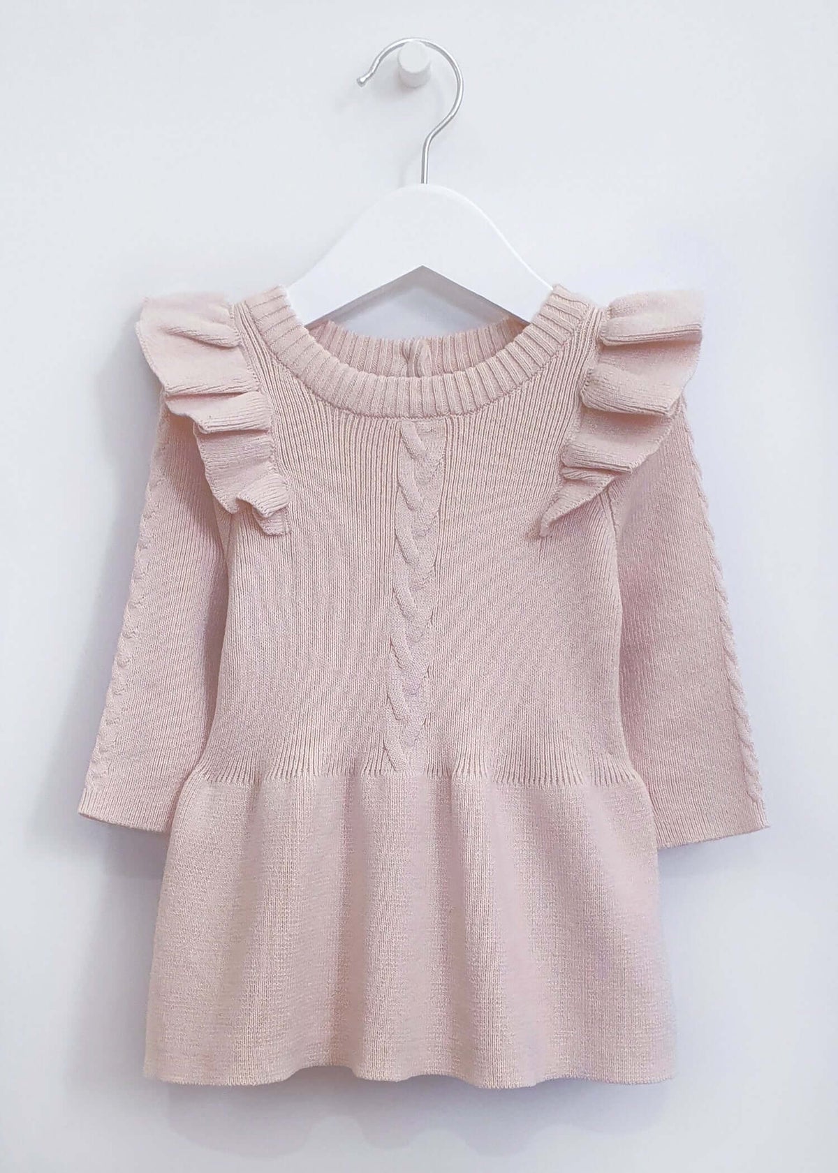 Beautiful Beige Flutter Sleeve Knitted Dress: Made from soft knit, beautiful frill detail on shoulders. Perfect for any occasion, this dress offers both style and comfort for your baby girl