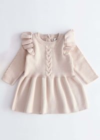 Beautiful Beige Flutter Sleeve Knitted Dress: Made from soft knit, beautiful frill detail on shoulders. Perfect for any occasion, this dress offers both style and comfort for your baby girl