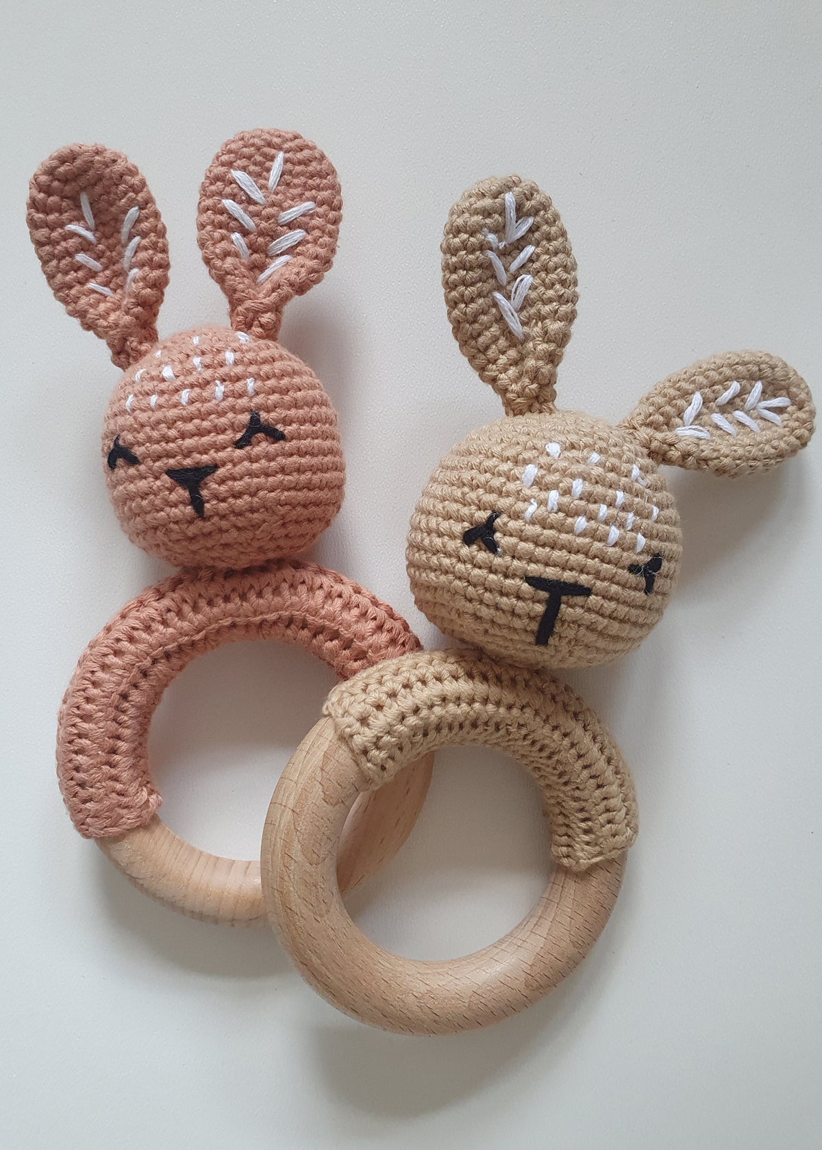 Two Wooden Crochet Baby Rattles