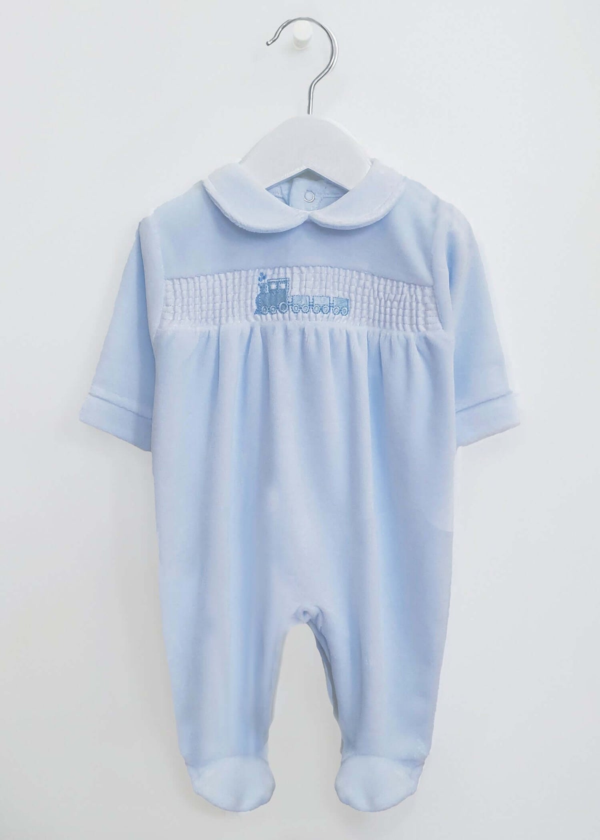 Blue Train Velour Baby Boy Sleepsuit