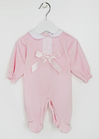 Pink Velour Bow and Lace Sleepsuit