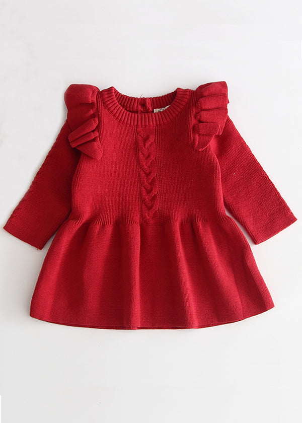 Red Flutter Sleved Knitted Dress