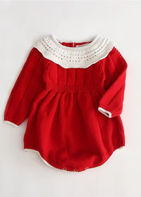  Red Knitted Baby Girl Romper With White Collar