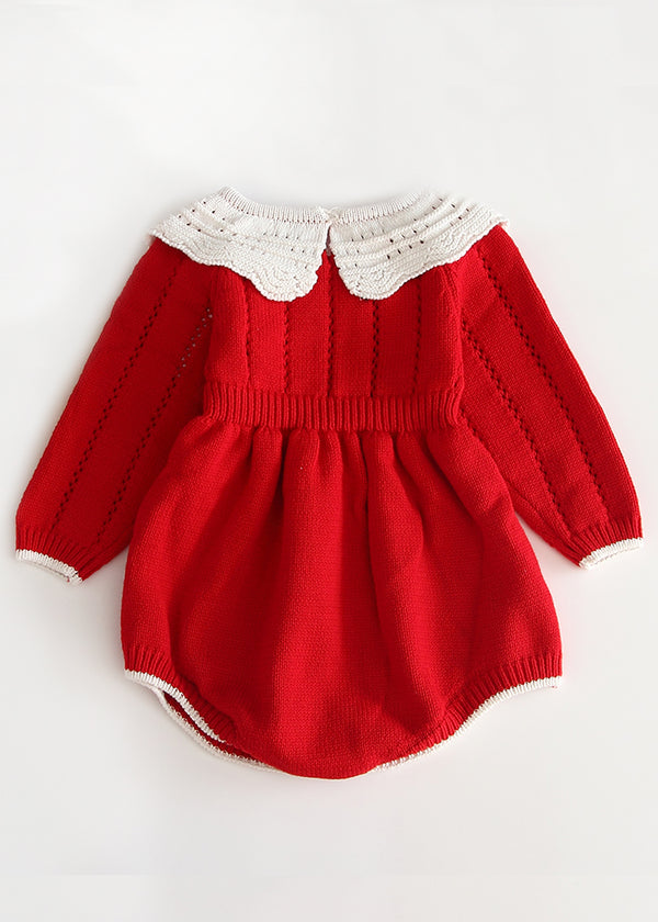  Red Knitted Baby Romper With White Collar - back