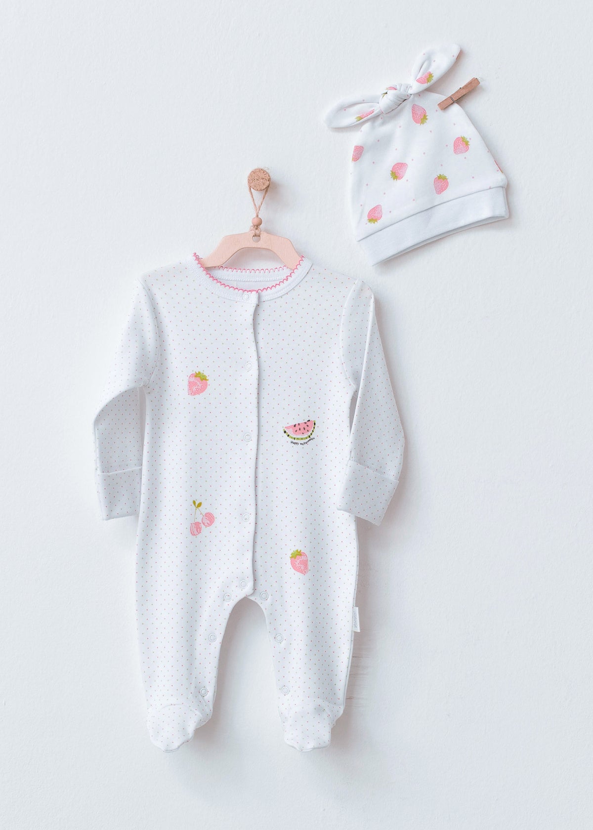  White Summer Fruits Baby Sleepsuit and Hat Set