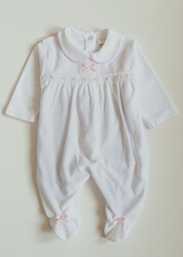White and Pink Bow and Lace Sleepsuit